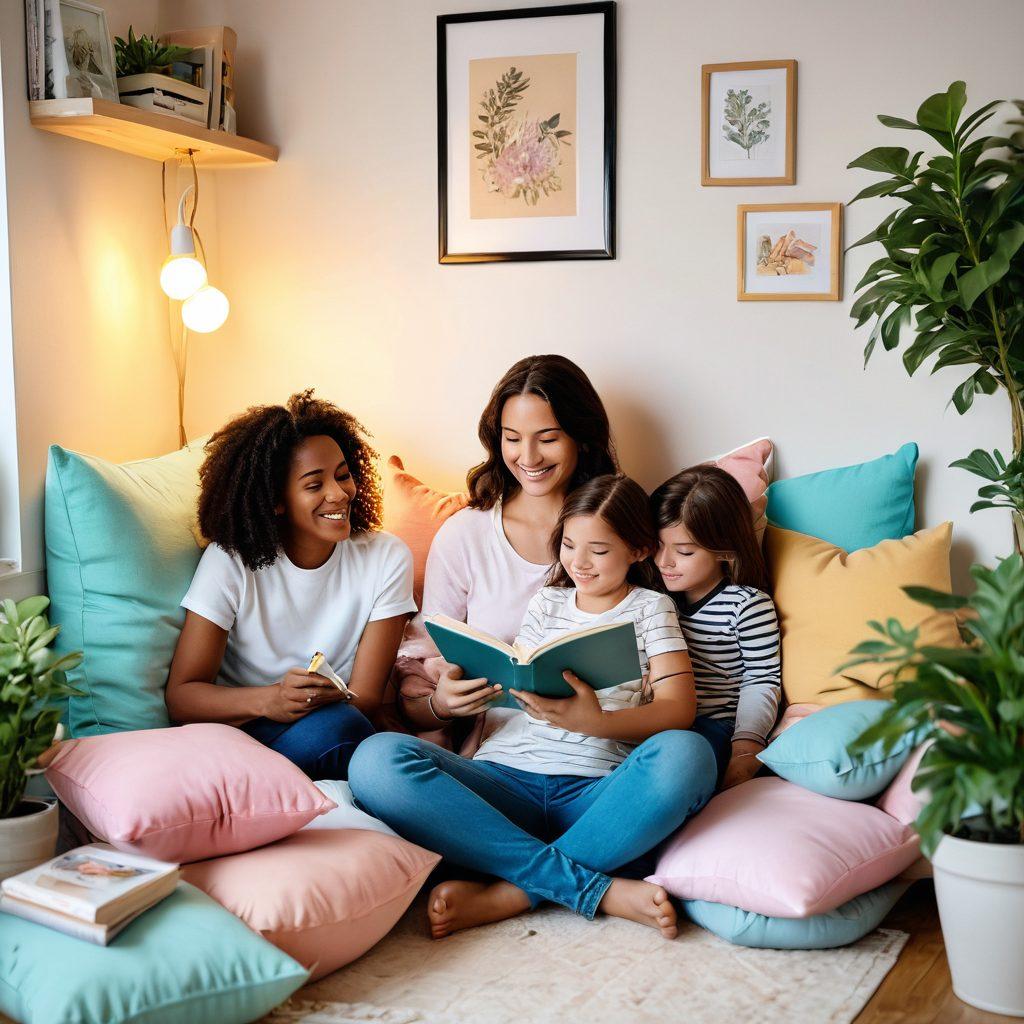 A serene scene depicting a mother engaging in self-care while surrounded by playful children, showcasing the essence of family bonding. Include elements like a cozy reading nook, plants, and children's toys to highlight warmth and connection. The mother is smiling, holding a book, while the kids build a fort out of cushions. Soft pastel colors, warm lighting, and a touch of whimsical illustration style. super-realistic. vibrant colors.