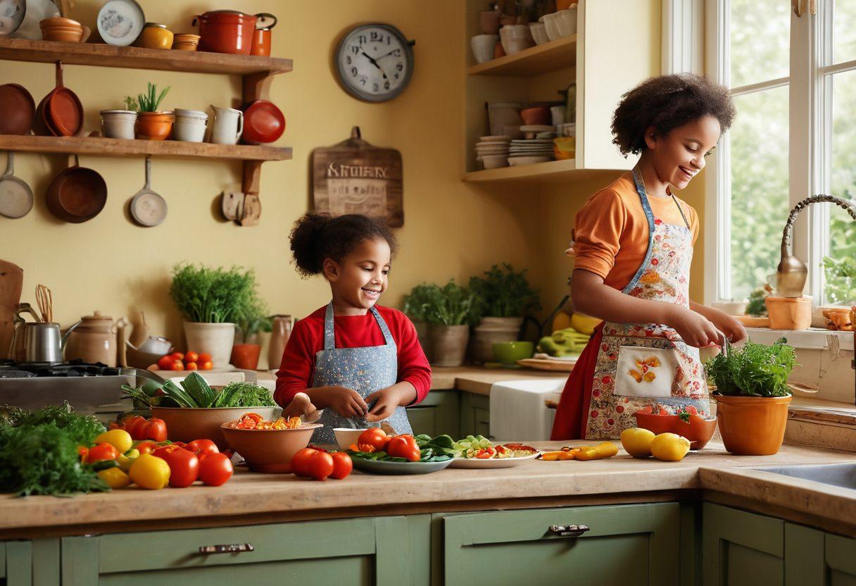 A cozy kitchen scene filled with freshly prepared colorful meals on the counter, with a playful child helping a parent cook, laughter and joy on their faces. Brightly lit with warm colors, showcasing a nurturing atmosphere filled with plants and family photos. Soft textures and homey elements like a vintage apron and rustic kitchenware. super-realistic. vibrant colors. warm lighting.
