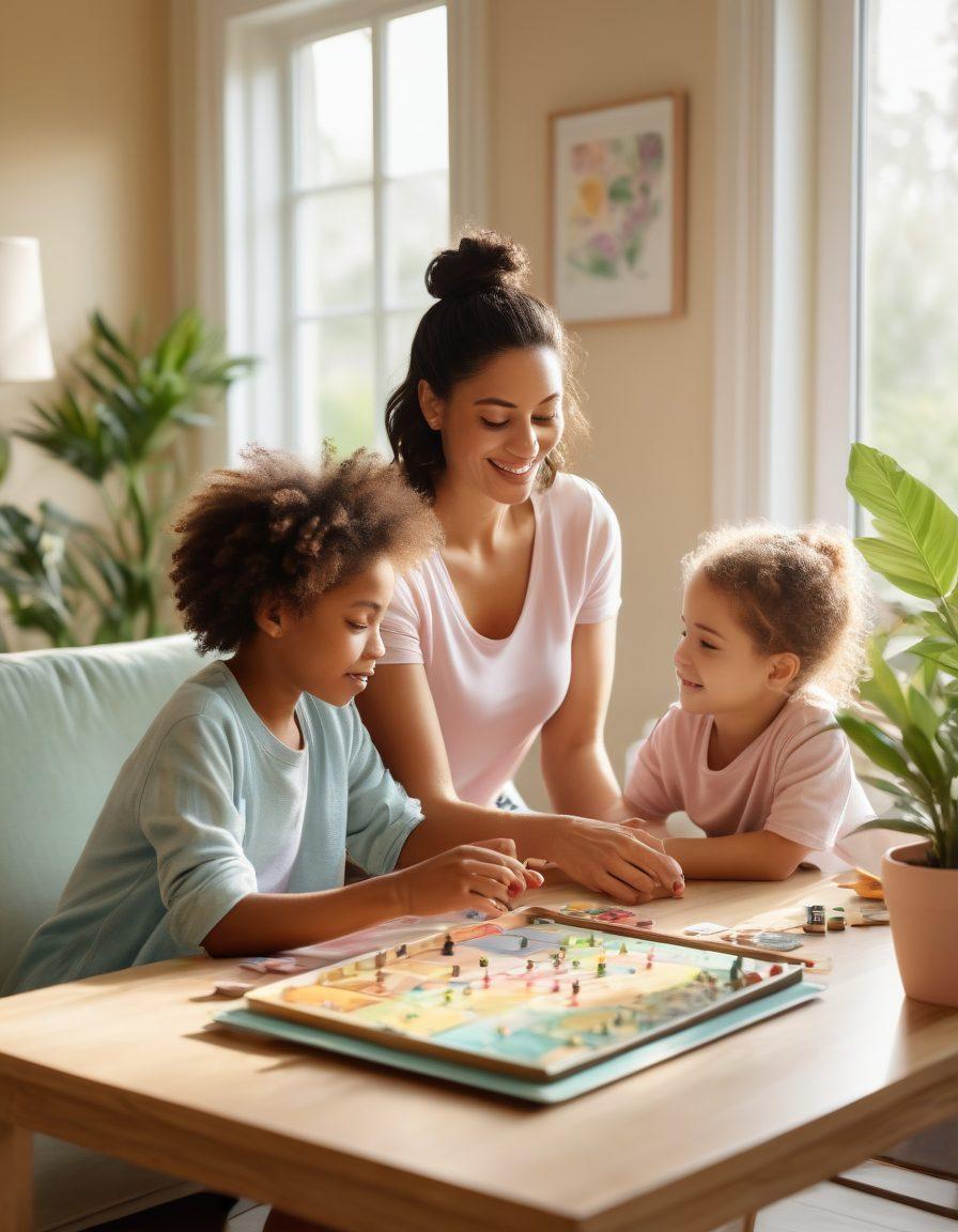 A serene moment of a modern mom enjoying quality time with her children in a cozy living room, surrounded by plants and warm sunlight filtering through the windows. The mom is calmly balancing her laptop and a board game, showcasing harmony between work and family life. The children are engaged and happy, emphasizing the joy of nurturing. Soft pastel colors, warm tones. super-realistic. vibrant colors. natural light.
